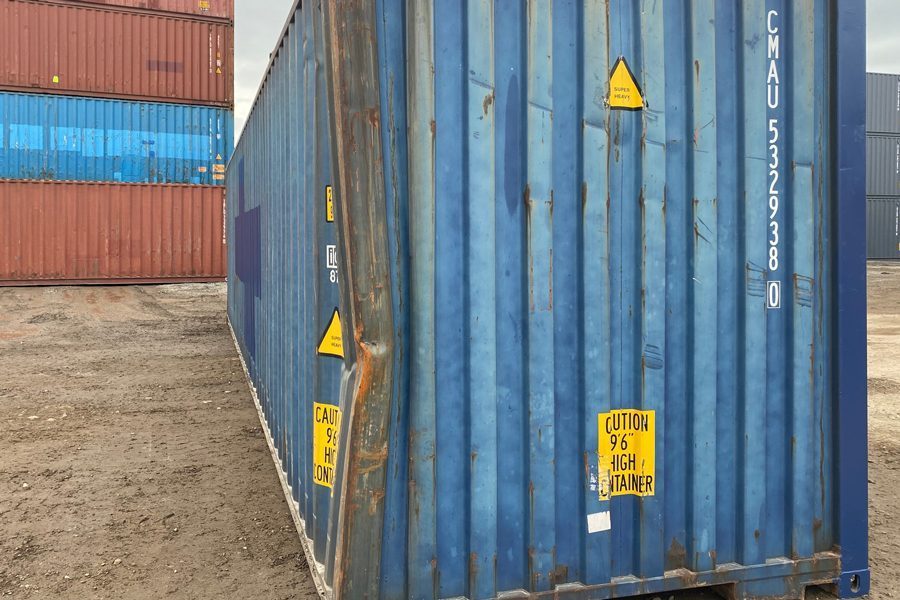 blue dented 40 foot shipping container