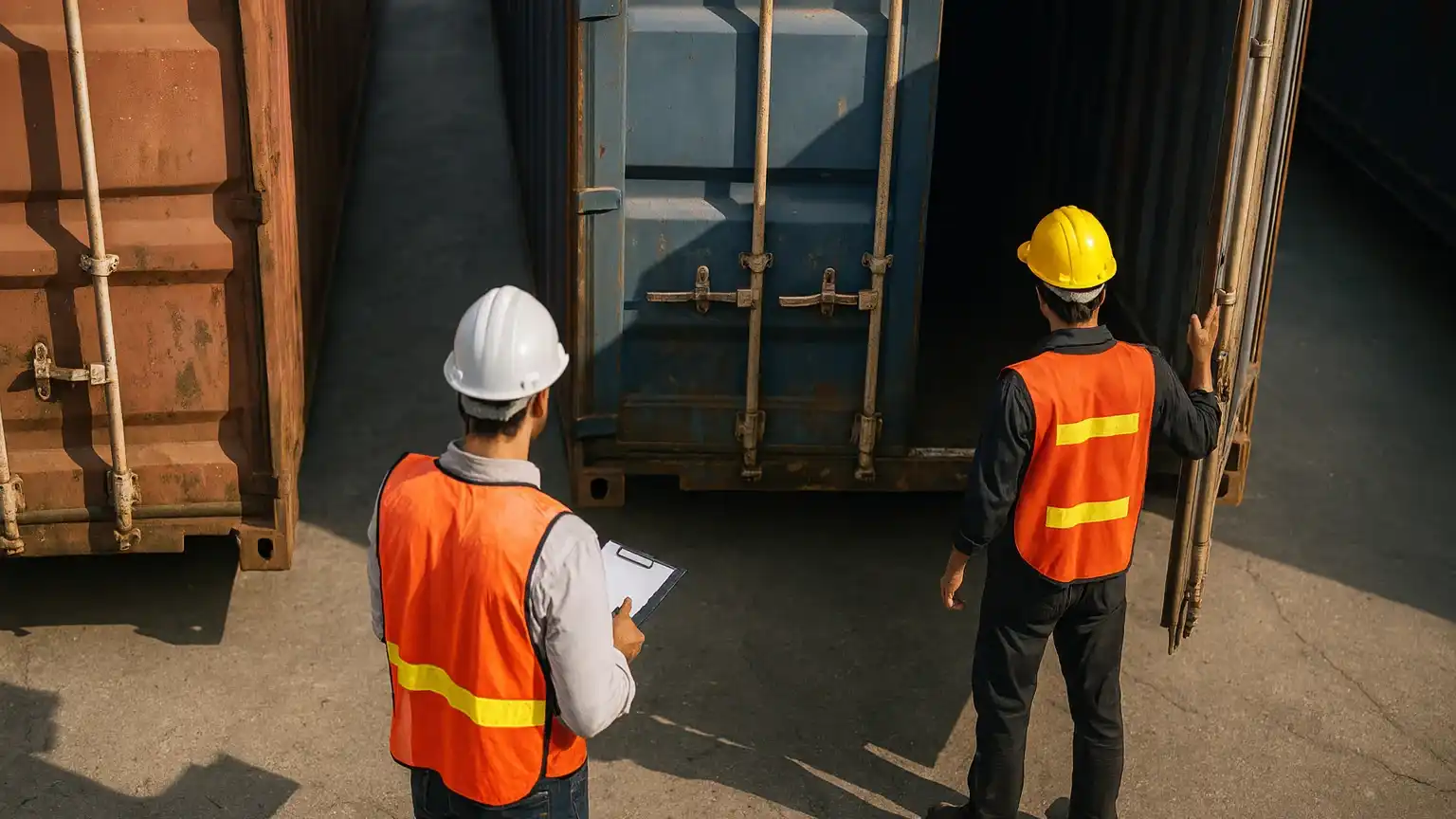 Container experts in safety vests inspecting a used shipping container structure before customer purchase.
