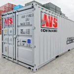 Three-quarter angle showing the side and rear doors of a 20-ft rental container