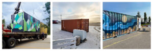 Collage of shipping containers used in the North of 60 Project, including colorful community-painted containers and Arctic delivery scenes representing support for Northern Canadian communities. Two shipping containers with community art murals being transported for the North of 60 Project, symbolizing hope and solidarity with Northern Canadian communities. One container in a parking lot with food donations.