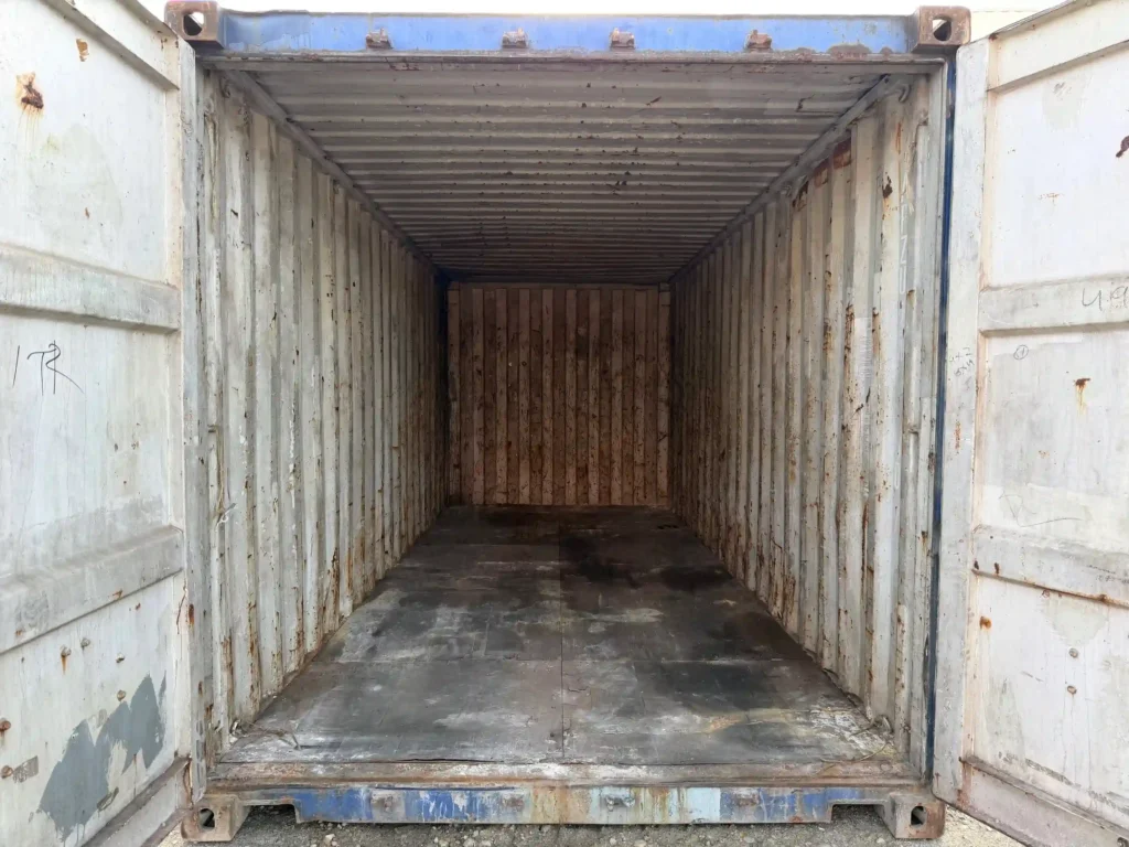 Interior view of 20ft container floor with floor damage – clearance inventory