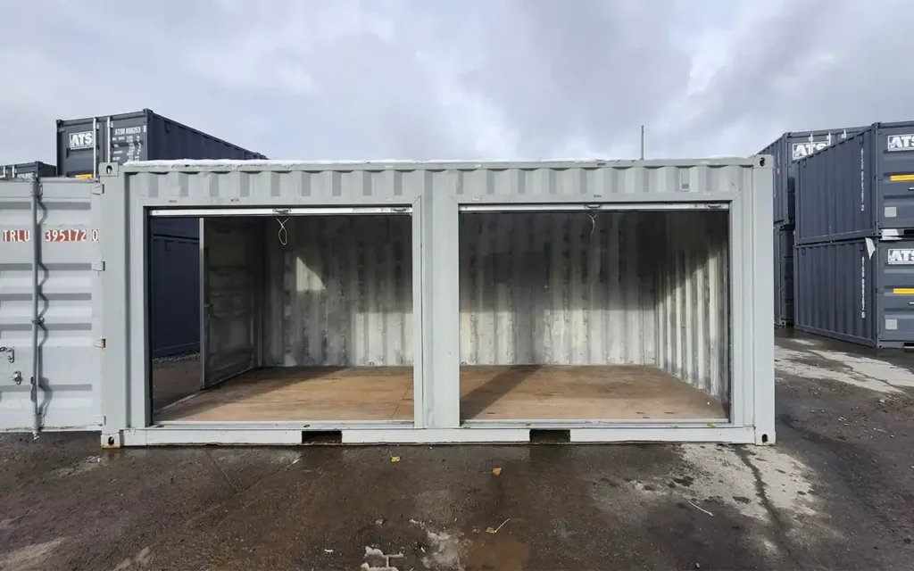 Interior look at roll-up door opening on used 20ft storage container