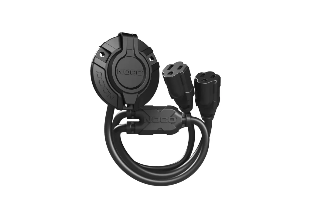 NOCO exterior AC inlet power port with protective cover and Y-splitter for shipping container electrical hookup, ATS Containers modification accessory.