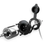 NOCO exterior power inlet power port installation kit for shipping containers, showing hole saw, gasket, backing plate, and mounting screws.