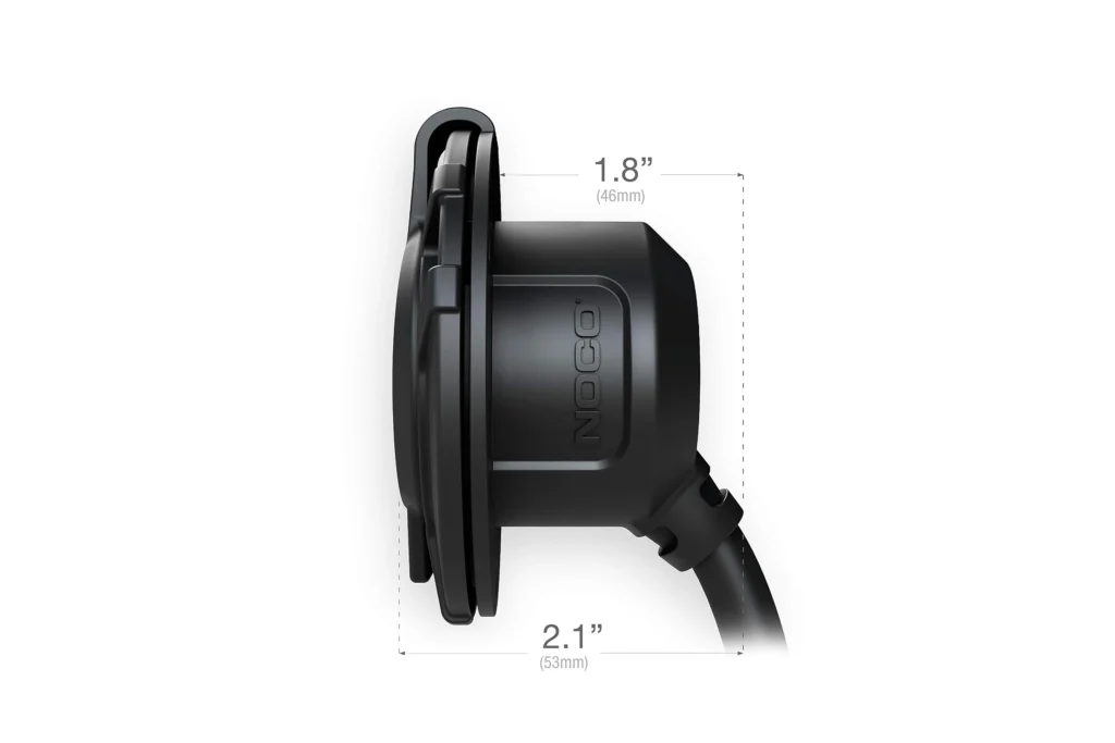 Low-profile NOCO container power inlet power port side view highlighting shallow 2.1-inch depth for tight shipping-container installations.
