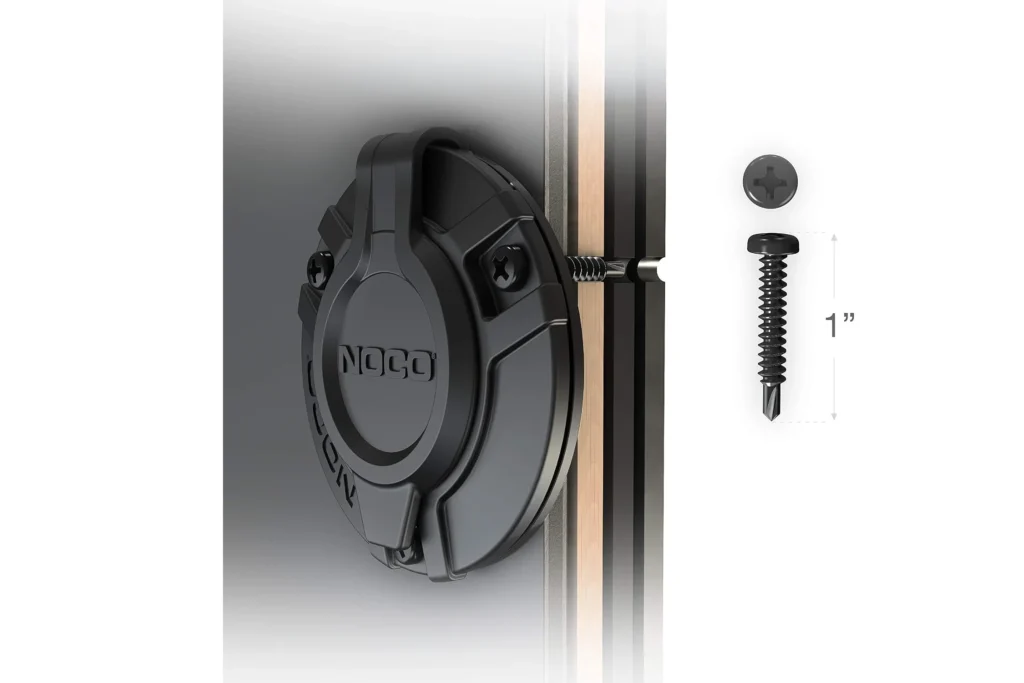 NOCO exterior power inlet power port mounted on insulated container wall with self-drilling screws, clean shore-power entry by ATS Containers.