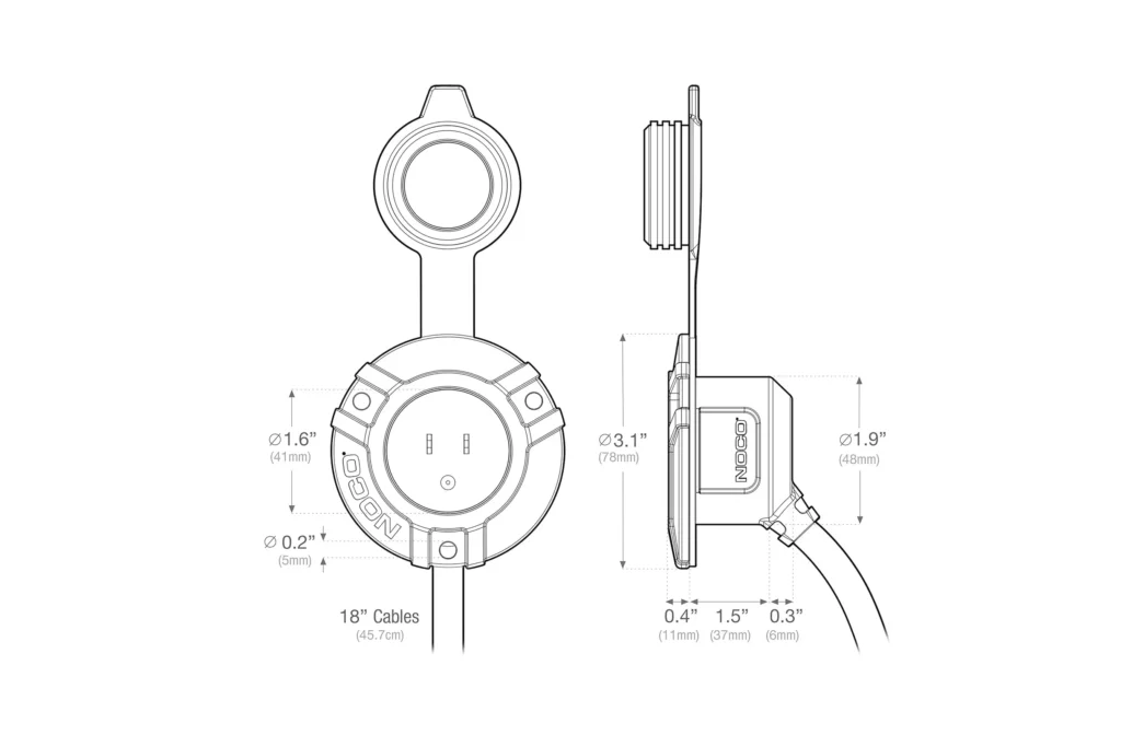 Technical drawing of NOCO exterior AC inlet power port for shipping containers, face diameter, depth, hole spacing, and 18-inch cables for planning.