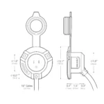 Technical drawing of NOCO exterior AC inlet power port for shipping containers, face diameter, depth, hole spacing, and 18-inch cables for planning.