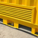 Close-up of the lower ventilation louvre and floor drain valve system on a 20ft dangerous goods container.