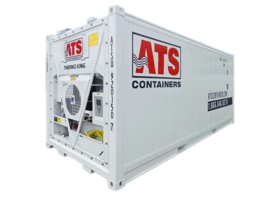 Reefer (refrigerated) shipping container for temperature-controlled storage and transport, ideal for food-grade and cold chain use.