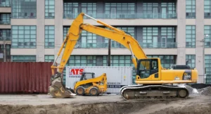 20-ft shipping container for rent, used as secure on-site storage at a construction site for tools and equipment.