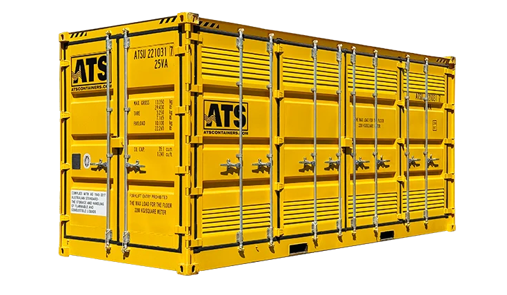 Conteneur d’entreposage pour matières dangereuses avec signalisation de sécurité et portes verrouillables pour un stockage conforme et sécurisé sur site.