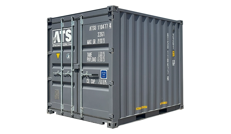 New 10-ft grey shipping container — compact, secure storage solution.