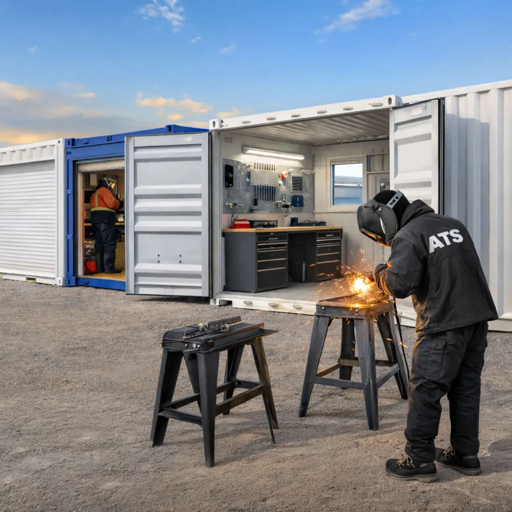 A custom shipping container workshop being modified with a professional roll-up door, windows, and interior lighting; includes a technician working on the unit. Tailored Solutions: From roll-up doors to full electrical fit-outs, we build custom container workshops designed for Canadian winters. A behind-the-scenes look at the modification process for a custom sea can workshop. The unit features professional-grade windows, a heavy-duty roll-up door for easy access, and integrated lighting. Our team specializes in high-quality paint finishes and structural modifications for residential and industrial use in 2026.
