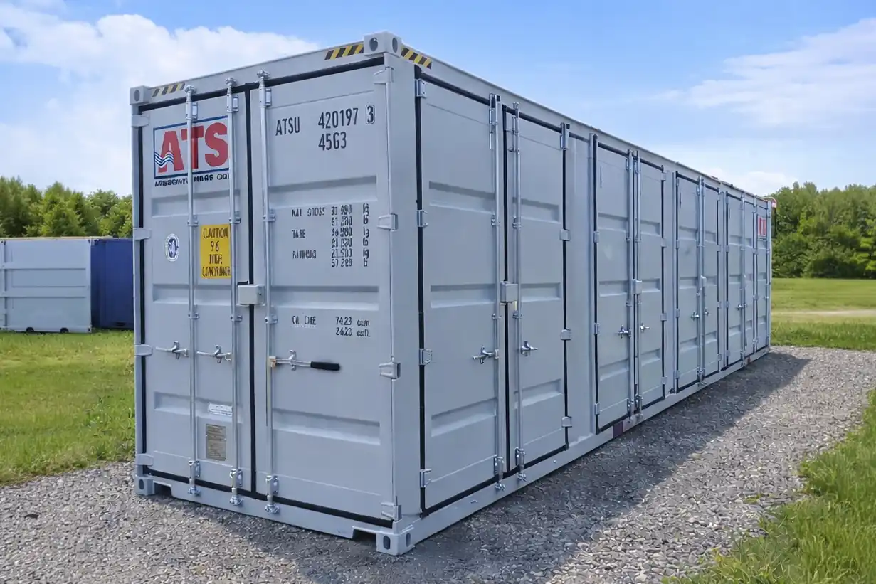 New 40ft High Cube shipping container with full-side opening doors, offering unobstructed side-loading access for oversized cargo or palletized storage.