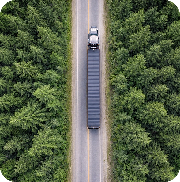 Aerial drone photo, top-down view of a semi-truck hauling a gray shipping container along a two-lane road through an evergreen (fir) forest.