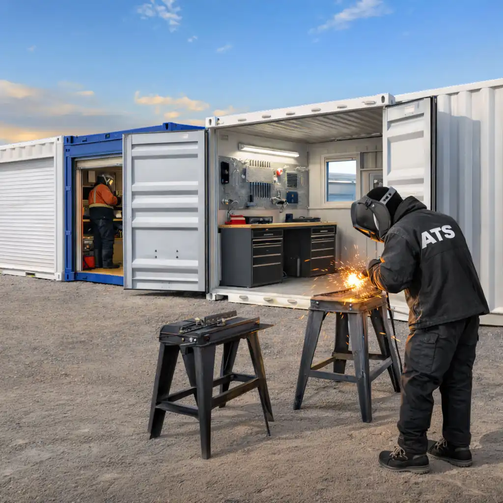 Technicien modifiant un conteneur maritime en atelier avec porte à enroulement, fenêtres et électricité pour l'hiver.