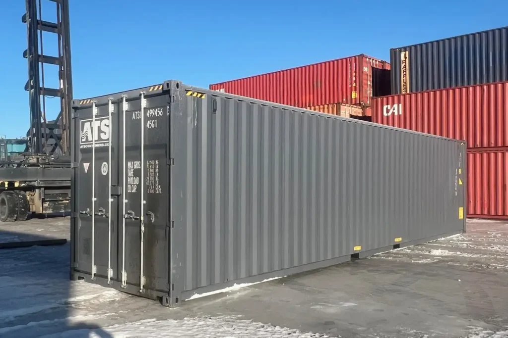 Angled exterior of a 40ft HC shipping container for sale in Alberta, highlighting durable Corten steel construction.