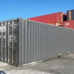 Angled exterior of a 40ft HC shipping container for sale in Alberta, highlighting durable Corten steel construction.