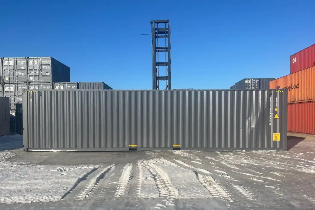 Standard ISO corner castings on a 40ft HC container for safe handling and stacking in industrial yards.