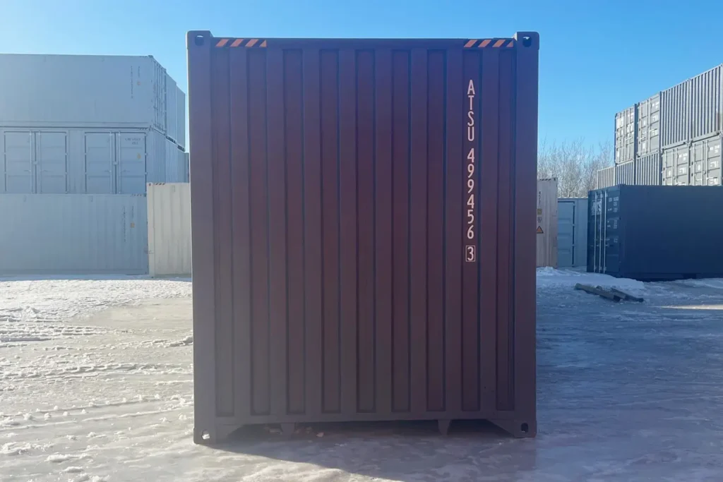 Back panel of a new 40ft high cube sea can, perfect for industrial storage in Edmonton.