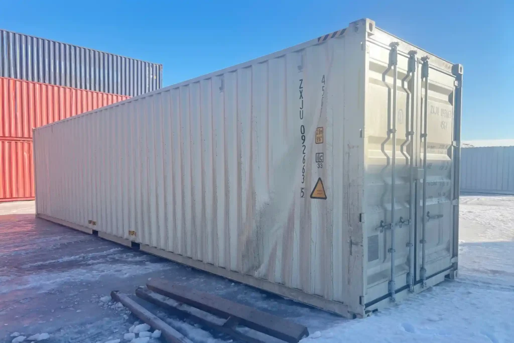 Minor panel damage on a clearance 40ft high cube shipping container.