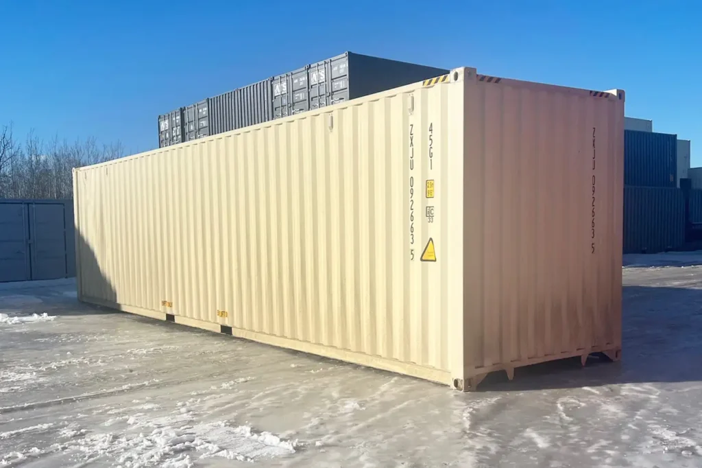 Integrated forklift pockets on a 40ft shipping container for efficient on-site positioning at Edmonton job sites.