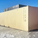 Integrated forklift pockets on a 40ft shipping container for efficient on-site positioning at Edmonton job sites.