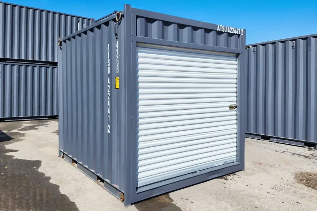 10 ft mini shipping container with roll-up door side view