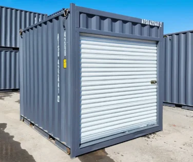 10 ft mini shipping container with roll-up door side view