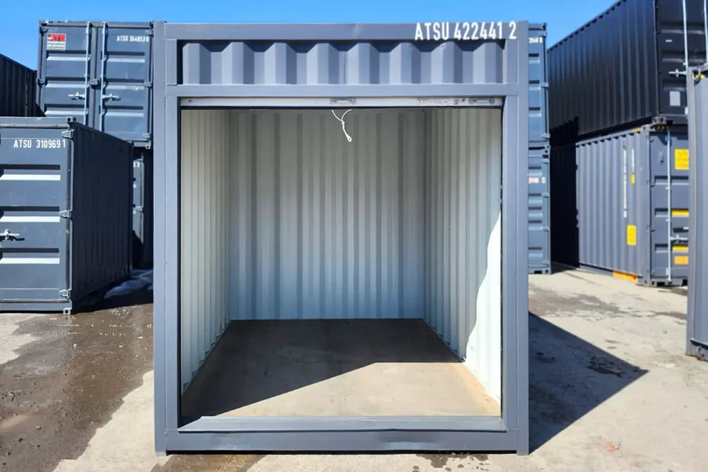 10 ft mini container with roll-up door open showing interior space