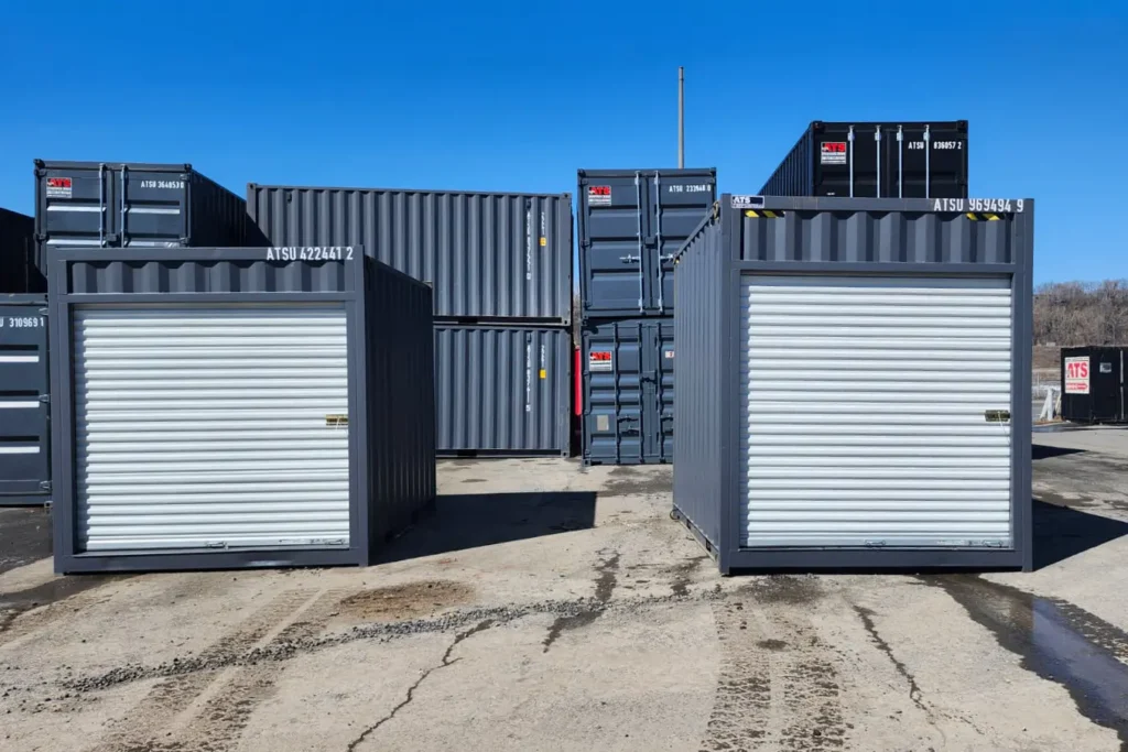 Two 10 ft mini containers with roll-up doors side by side