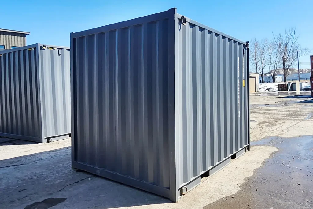 Back view of 10 ft mini shipping container with roll-up door