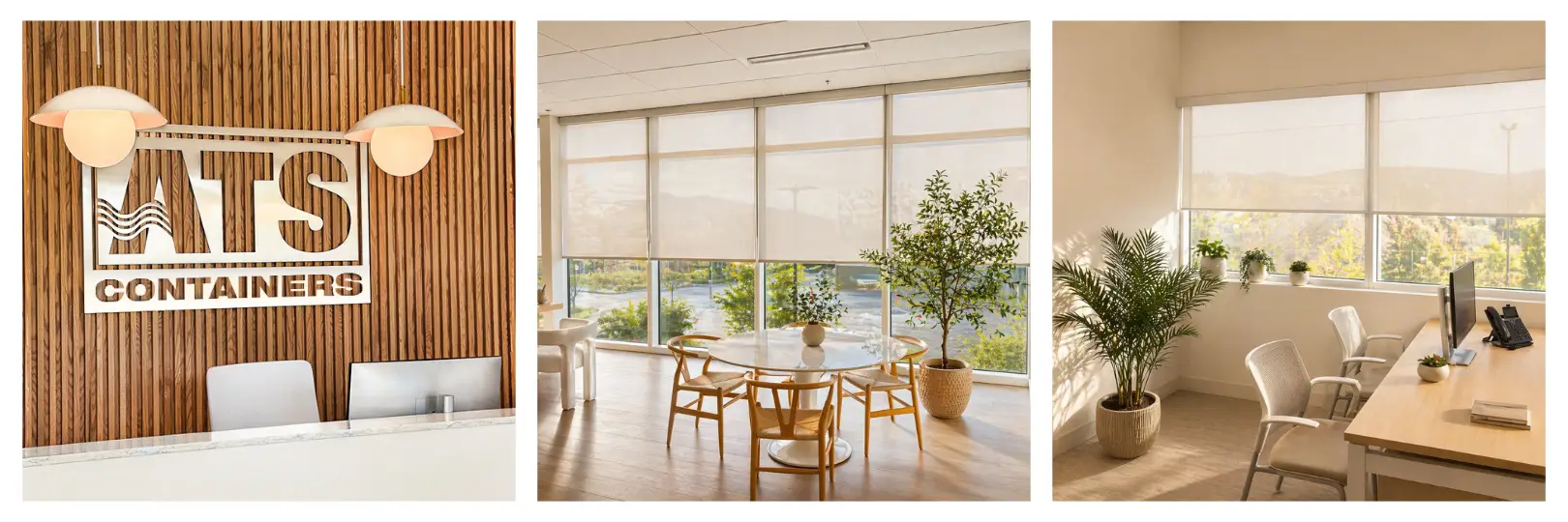 Advanced shading and comfort solutions in an office setting, featuring modern window coverings designed to control light