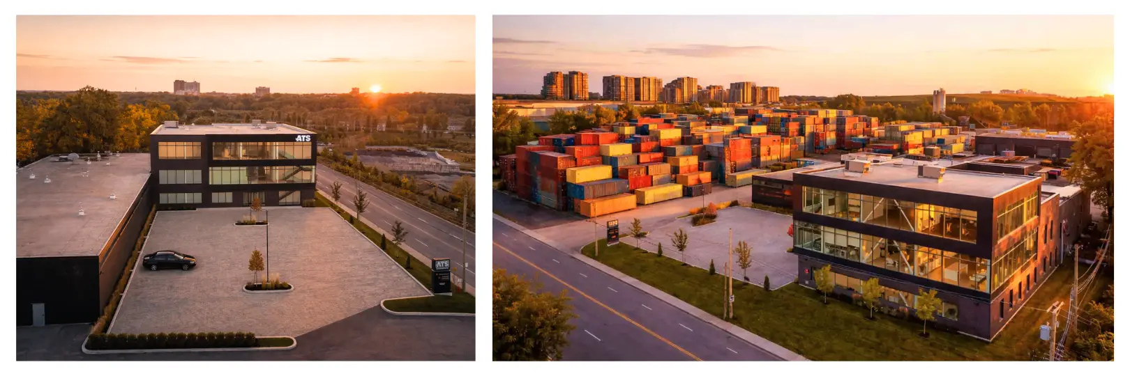 Drone view of Ats Containers office building and surrounding area, showcasing the full site layout, parking, and nearby infrastructure from an elevated perspective.