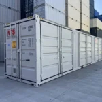 Angled view of a 40ft High Cube sea can with front standard doors and side lateral doors for loading.