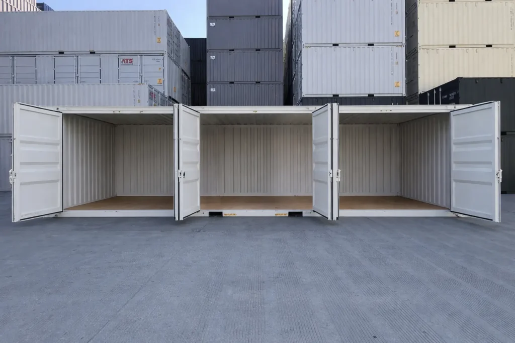 40ft High Cube container with three 10ft wide lateral side doors open for maximum cargo access.