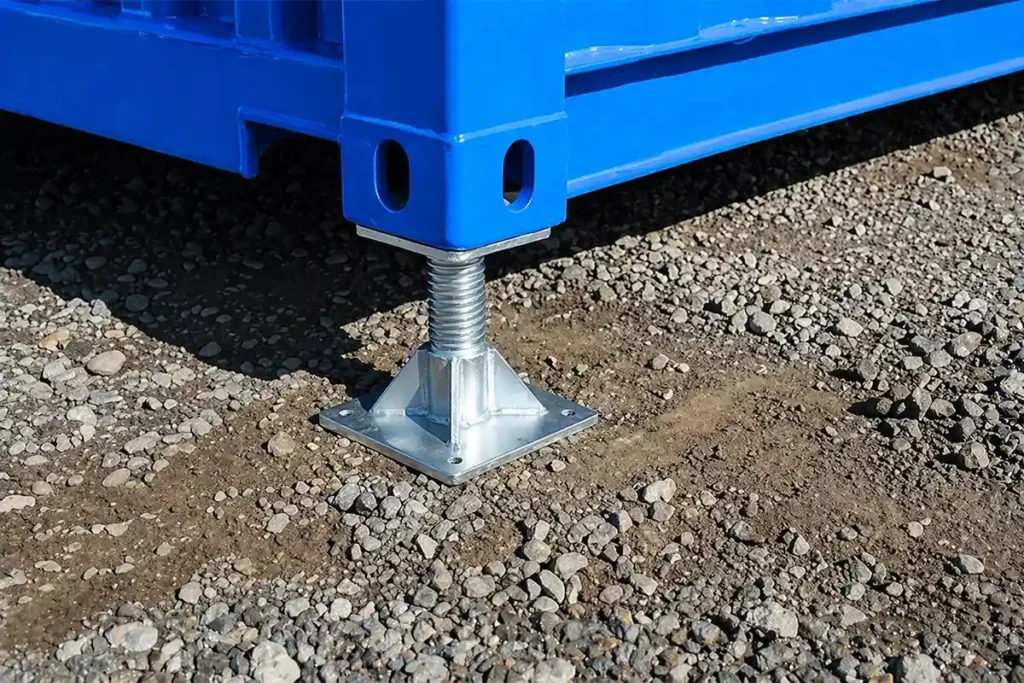 Installation de vérins de mise à niveau pour stabiliser un conteneur sur un terrain en pente.