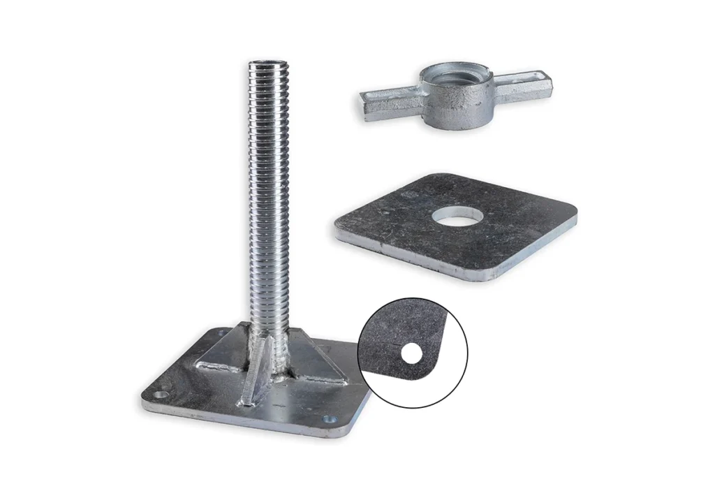 Close-up showing a steel leveling jack.