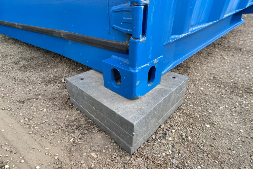Close-up of the steel corner casting of a commercial shipping container resting securely on a stackable leveling pad.