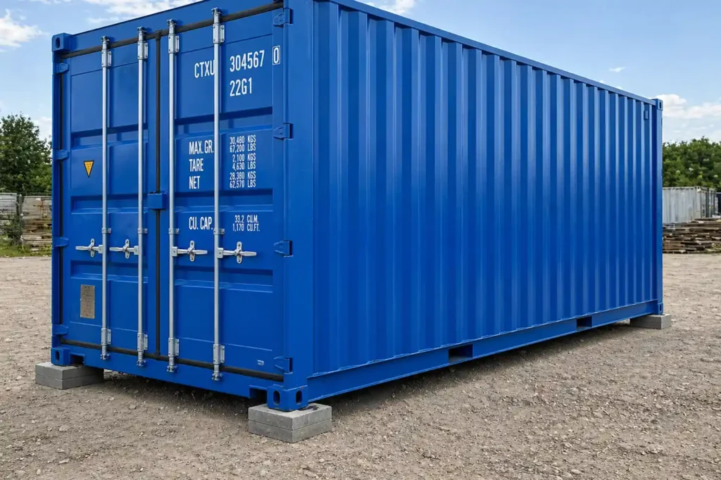 Gros plan sur la pièce de coin en acier d'un conteneur maritime commercial reposant solidement sur une cale de nivellement empilable.