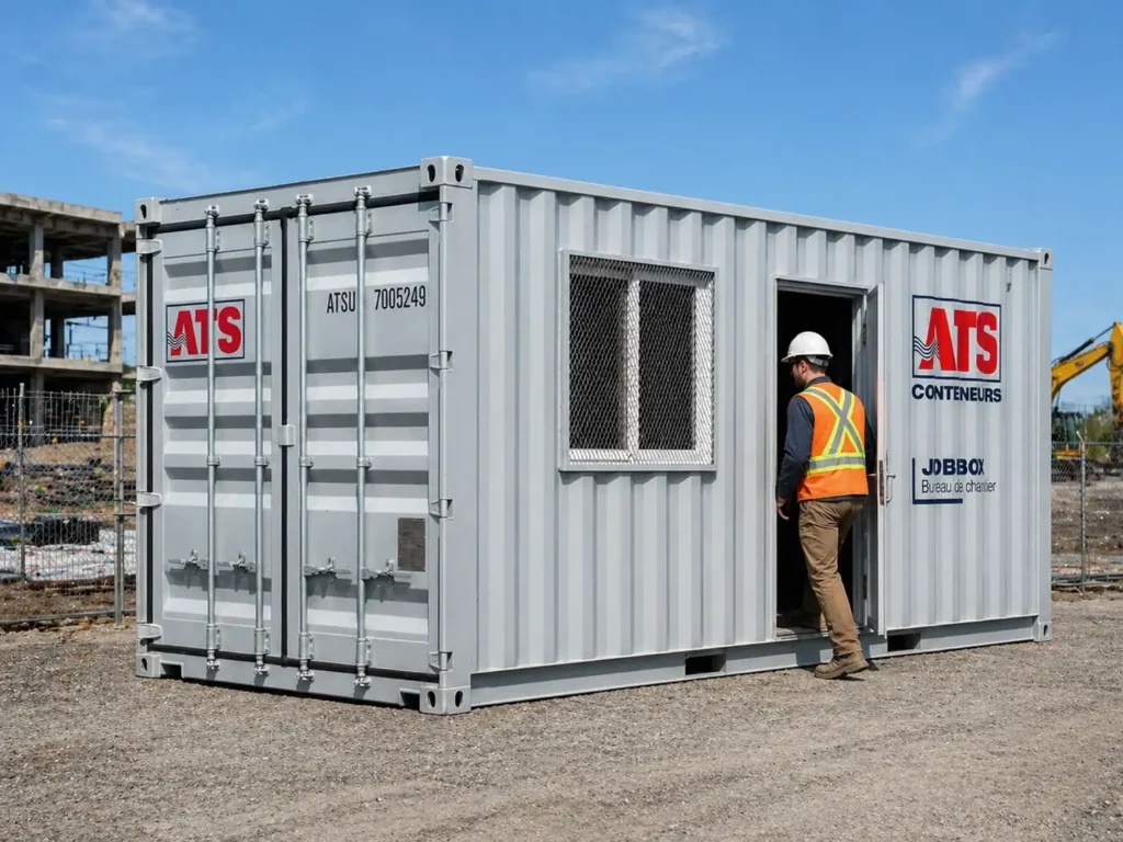 Bureau mobile Job Box en conteneur maritime utilisé sur un chantier de construction