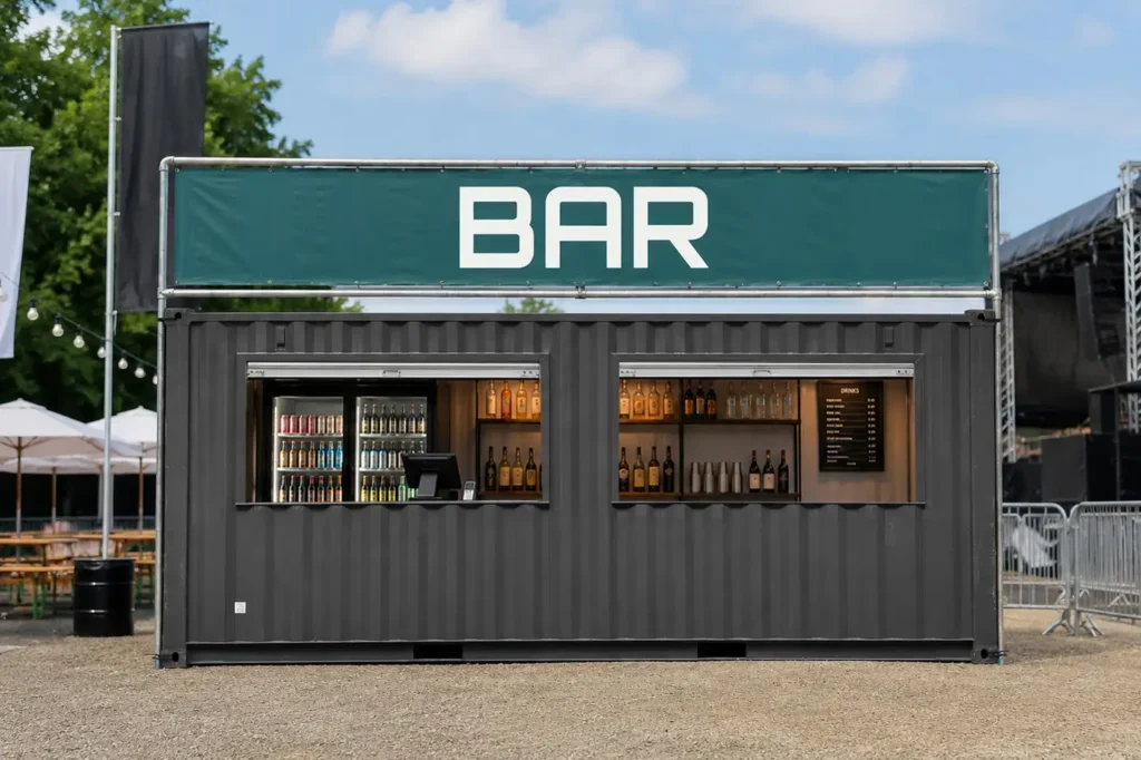 Bar kiosque en conteneur noir avec grande ouverture de service et enseigne BAR au-dessus du comptoir