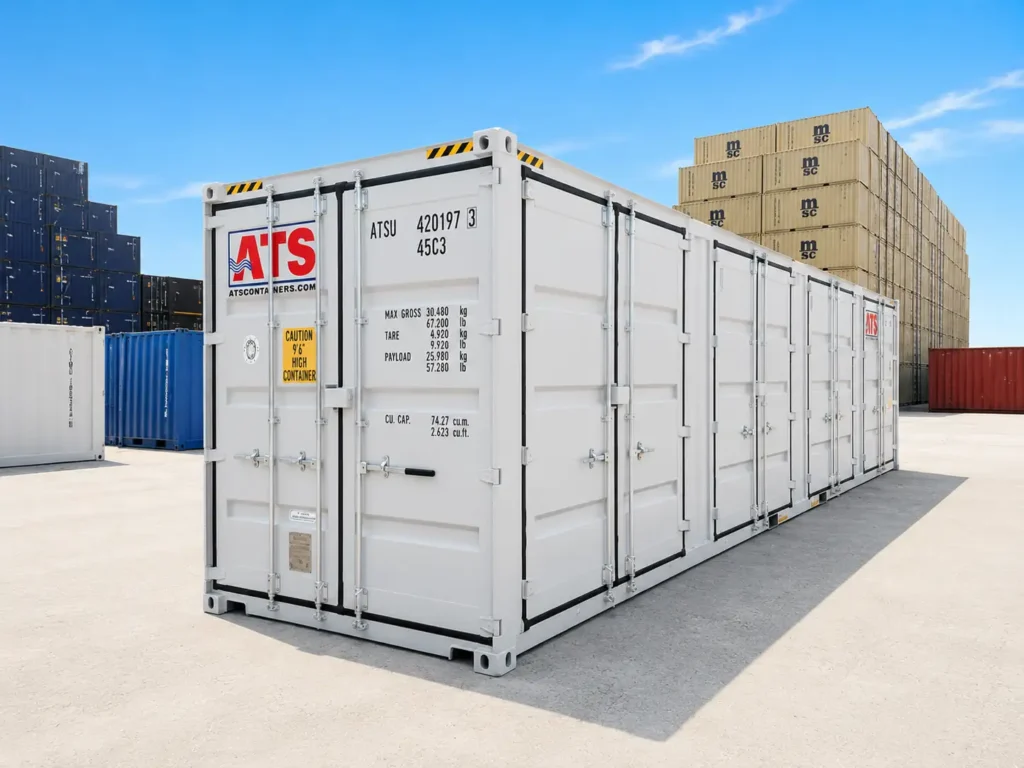 Light grey 40 ft high cube side door shipping container with multiple OEM side doors in an industrial yard