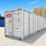 Light grey 40 ft high cube side door shipping container with multiple OEM side doors in an industrial yard