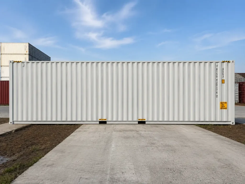 Side view of a light grey 40 ft high cube side door shipping container in a container yard