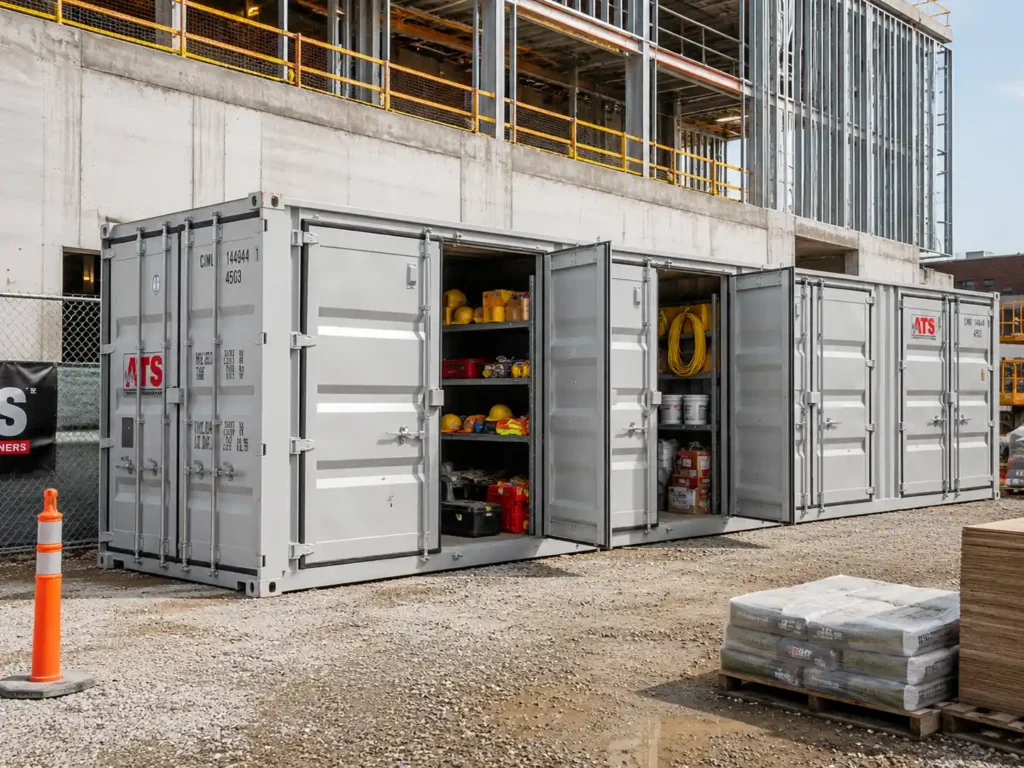 Light grey 40 ft high cube side door shipping container being used at a construction site