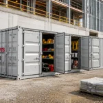 Light grey 40 ft high cube side door shipping container being used at a construction site
