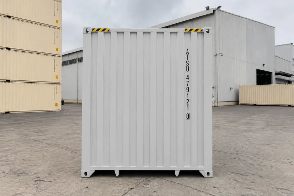 Closed end view of a light grey 40 ft high cube side door shipping container in a container yard