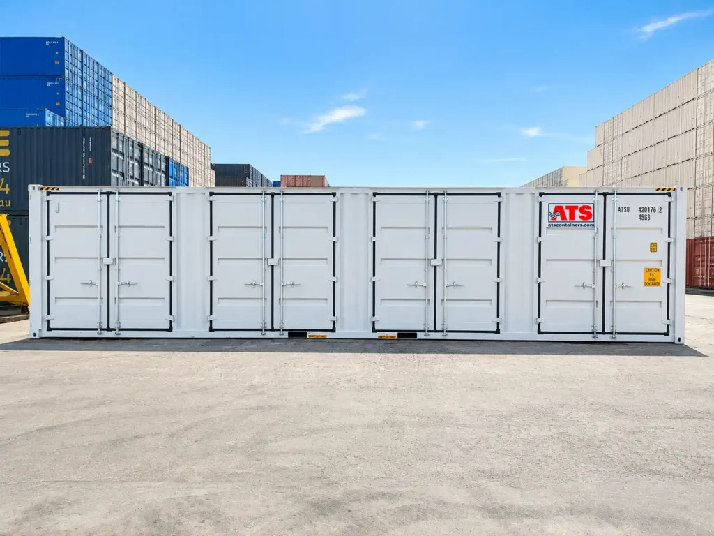 Side view of a light grey 40 ft high cube side door shipping container with four OEM side door sections